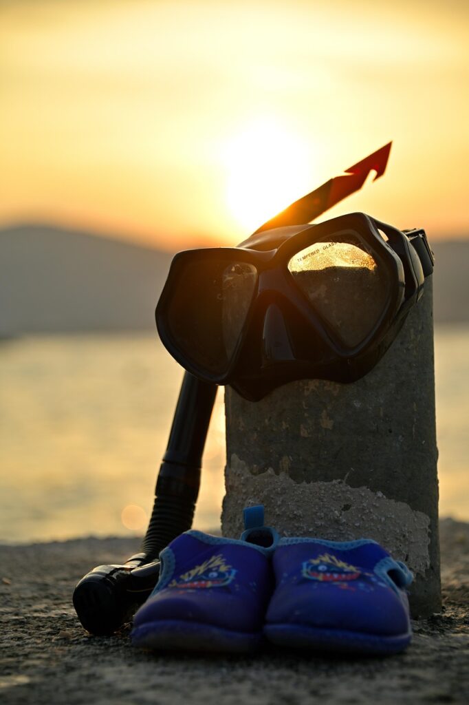 diving gear, snorkeling gear, diving goggles, nature, sunset, sea, ocean